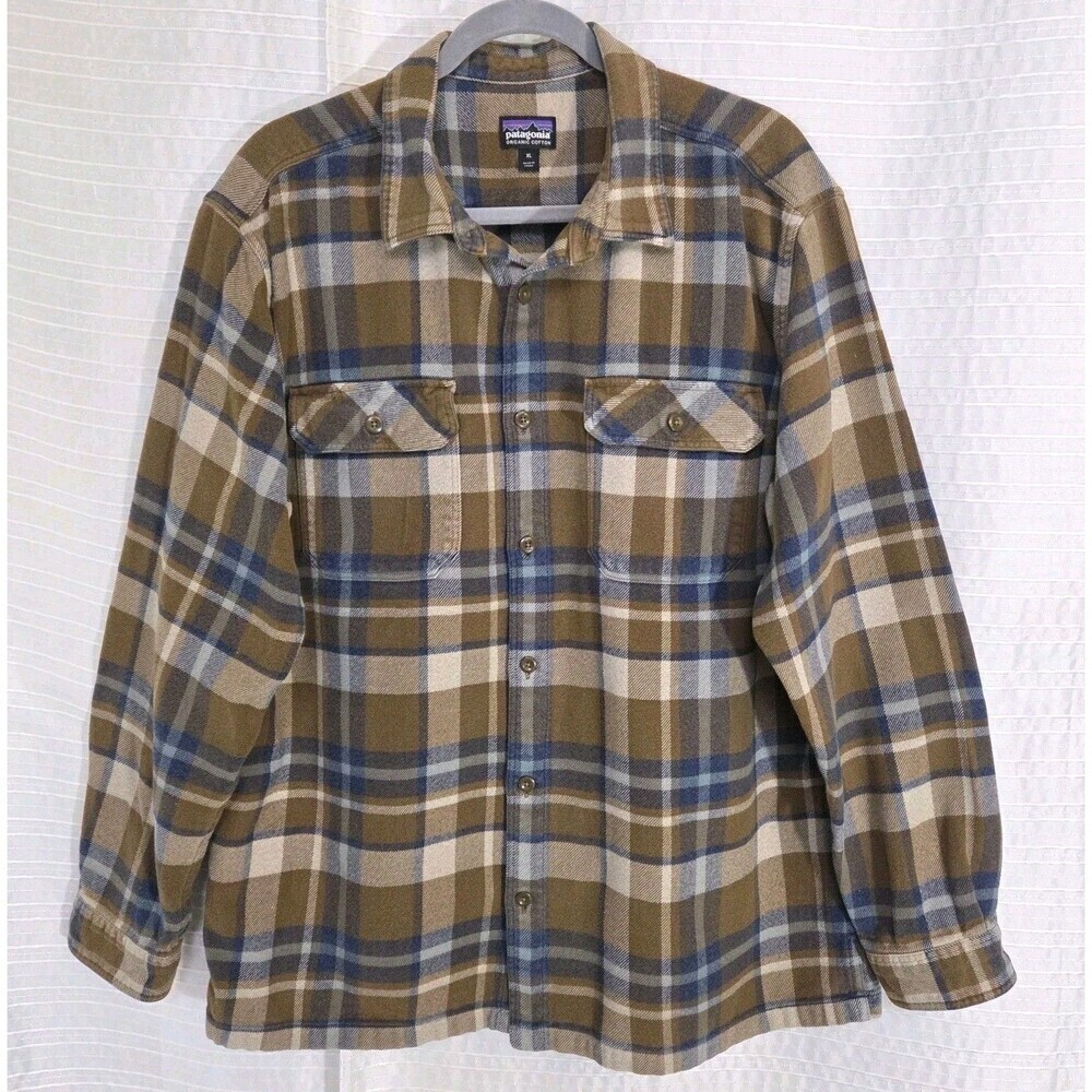 Patagonia Flannel Shirt Mens XL Outdoor Brown/Blue Plaid Mid-Heavy Weight Cotton